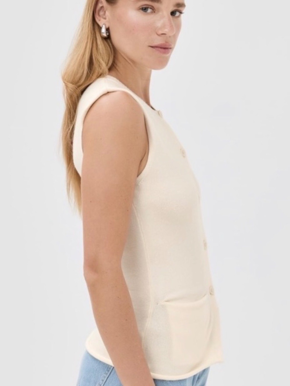 Revolve x LIONESS KOURT VEST Sleevless Button Down Lightweight Knit Cream XS - Picture 4 of 14